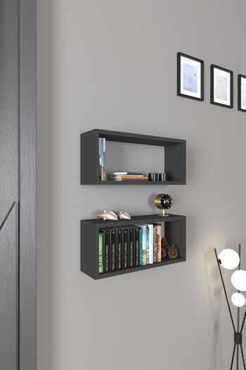 Mirobi Stiva 2-Piece Rectangular Wooden Wall Shelf Flying Shelf Bathroom Kitchen Living Room Entrance Organizer Anthracite