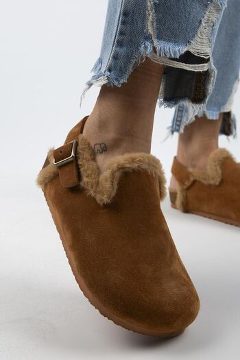 Manijero Holly Furry Women's Genuine Leather Furry Genuine Leather Belt Buckle Tan-Tan Sandals