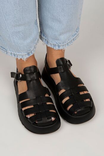 Manijero Rosa Women's Genuine Leather Buckle Black Sandals