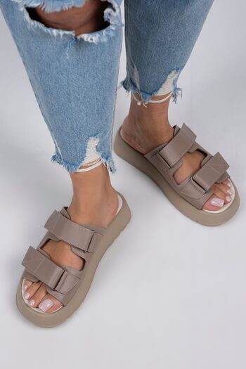 Manijero Farah Women's Genuine Leather Double Velcro Mink - Beige Slippers