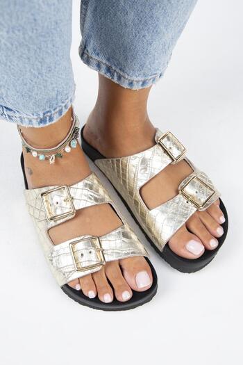 Manijero Anjelic Croco Women - Γνήσιο δέρμα, Διπλή Πόρπη, Χρυσές Παντόφλες