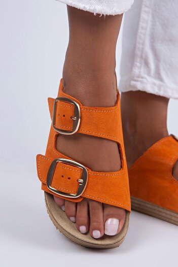 Manijero Selina Women's Genuine Leather Double Buckle Orange - Gold Slippers