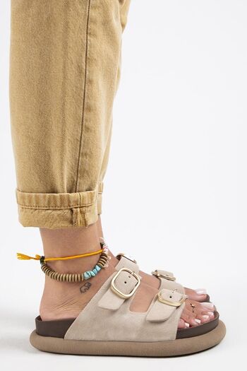 Manijero Lavanda Beige Slippers - Genuine Leather, Double Buckle