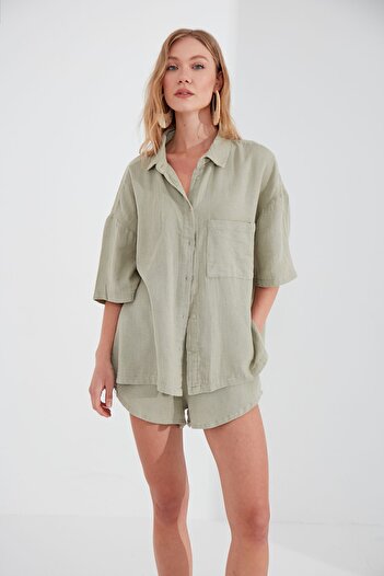 Manche Müslin Kadın Oversize Gömlek | Olive MKS166965-01