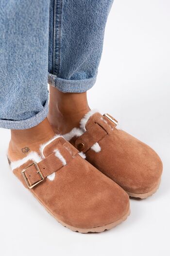 Manijero Zeta Furry Women's Genuine Leather Buckle Belted Furry Tile Suede Slippers