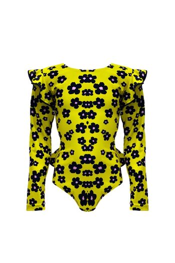 LOOK ME Yellow Daisy Print Ruffle Swimsuit - Long Sleeve, Crew Neck, 50Uv by Nessi Byrd