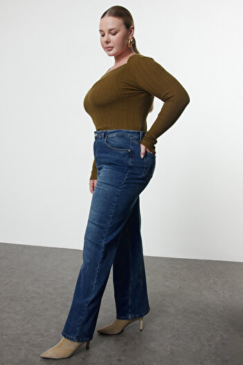 Trendyol Curve Blue High Waist Wide Leg Plus Size Jeans Tbbaw25Cj00022