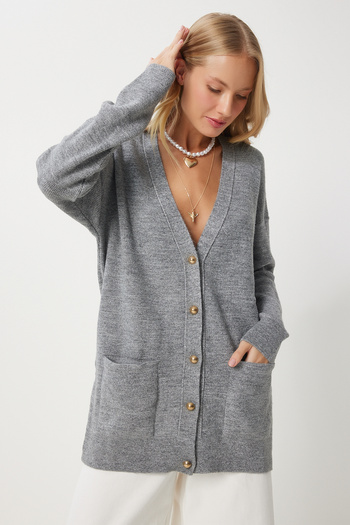 Happiness İstanbul Šedá pletenina Cardigan - Dámská, Dlouhá, Zapínání, Us00930
