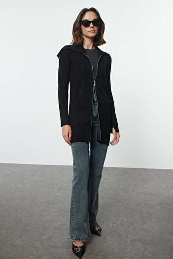 Trendyol Modest Široký límec černý pletený cardigan - zip Tctaw25Th00013