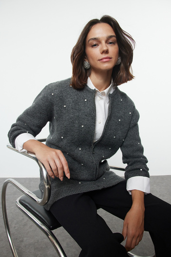 Trendyol Modest Zippered Gray Stone Detailed Knitwear Cardigan - Tctaw25Th00021