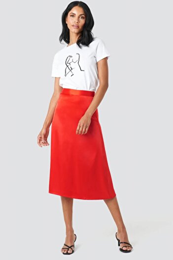 afeta Red Satin Midi Skirt