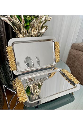 atabey home collection 6'lı Kahve & Çay & Sunum Dikdörtgen Büyük Sunum Tepsisi Çelik Gül Model Gold 30 CM3