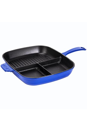 Lava Cast Rectangular 3 Compartment Grill Pan Cast Iron Solid Handle Size: 26x30 Cm