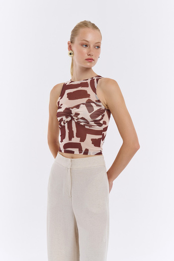 Quzu Καφέ Crop Tulle Μπλούζα - Λεπτομέρεια Gathered