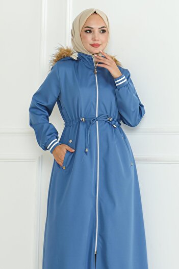 Modamihram Blue Ribbed Waist Lace up Coat 19215