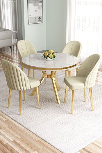 Canisa Mos Serisi 90x90 Lak Panel Beyaz Mermer Desen Gold Kaplama Mutfak Masası Takımı Ve 4 Krem Sandalye