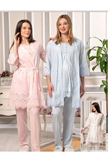 Bone Club 5816 3 Lü Sabahlıklı Anne Pijama Takımı (EKRU MEVCUT)