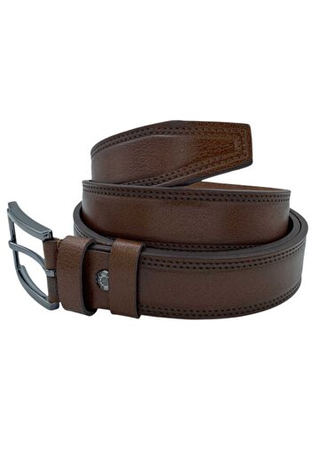 Süzer Deri 3.5 cmClassic Genuine Leather Stitched Belt Brown