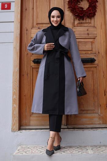 MİSSKAYLE Gray Trench Coat 4434 - Garnished Front