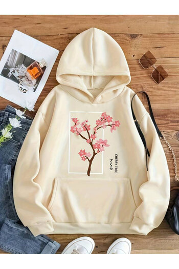 caddekombin Floral Patterned Sweatshirt with Hood and Pocket