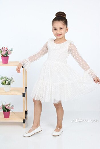 ÇocukYoluKids Puantiyeli Tüllü Beyaz Kız Çocuk Elbise