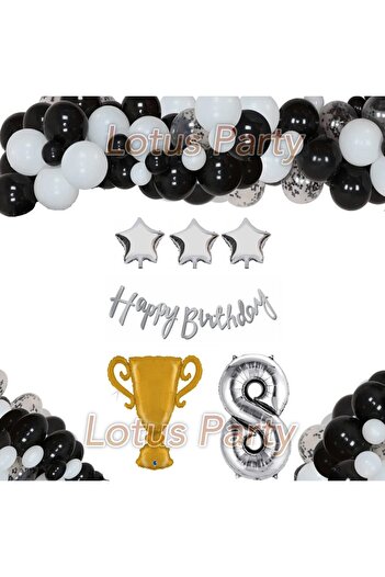LOTUS PARTY 8 Years Old Themed Balloon Set - Black and White Balloon - Mug and Numeral Foil Balloon