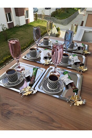 süslühome Paslanmaz Çelik Kare 6’lı Sunum Tepsisi Kelebek Aksesuarlı Ikramlık Sunumluk Kahve Ve Çay Sunum