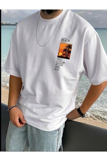 NO 601 Λευκό μπλουζάκι Oversize - Ανδρικό στάμπα παραλίας