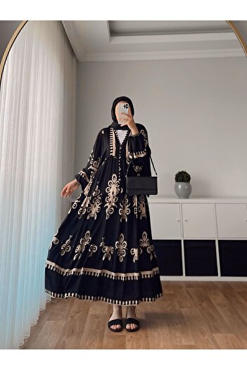 Tebessüm Life Siyah Premium Kumaş Desenli Viskon Elbise