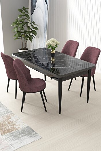 Canisa Concept Nil Serisi 70x110 Sabit Mutfak Masası Takımı Siyah Mermer Desen Masa 4 Gül Kurusu Sandalye
