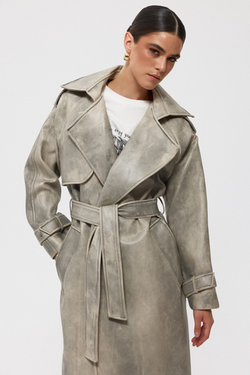 Seda Yalçın Atelier Long Gray Leather Coat - Washable Design