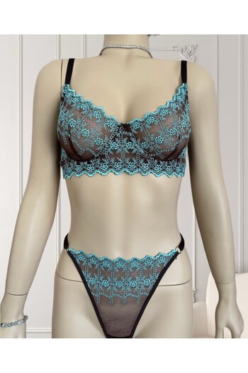 İntive Lingerie Σετ στρινγκ σουτιέν με διαφανές εσώρουχο με μοτίβο καφέ-τιρκουάζ