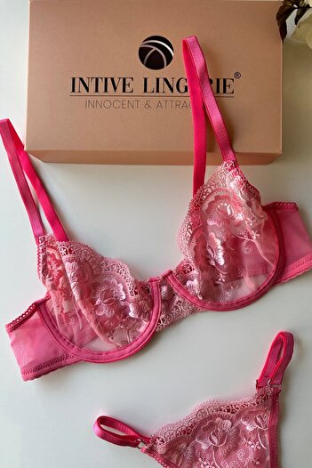 İntive Lingerie Σέξι σουτιέν στρινγκ με ροζ λουλούδια με εσώρουχο Pinky Flower