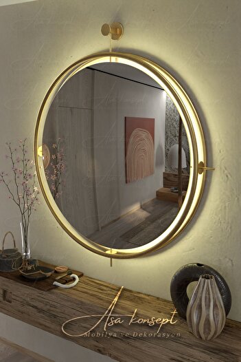 ASA KONSEPT Istanbul Gold Kablosuz Ledli Ayna, Metal Dekoratif Hol Duvar Salon Mutfak Banyo Wc Ofis Aynası