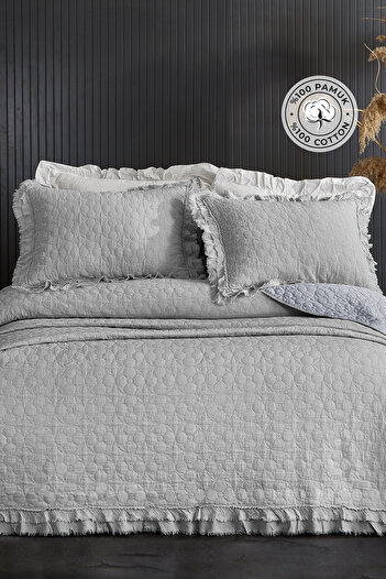Evlen Home Collection 100% Cotton Double Pique Set Special Stone Washed Bedspread Luxury Soft Modern Chester Gray