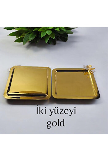 farklı evim Lüx Kare Aksesuarlı Çelik 6’lı Kahve, Dekoratif Sunum Servis Tepsisi Çift Tarafı Gold