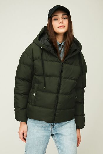 QAWWA Women's Khaki Hooded Fiber Windproof Puffer Winter Jacket