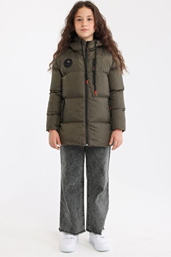 QAWWA Girl's Khaki Fiber Hooded Windproof Inflatable Winter Jacket
