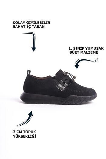 Limeo Black Suede Perforated Lace Detailed Medium High Sole Daily Women's Casual Sports Shoes