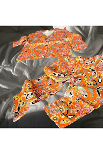 Lolliboomkids Set pijama cu nasturi pentru fetiță, guler de cămașă, model șal, culori portocalii, îmbrăcăminte acasă - muselină bumbac