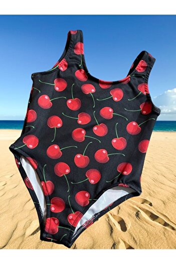 Lolliboomkids Girl's Black and Red Cherry Print Patterned One-Piece Swimsuit Latest Season