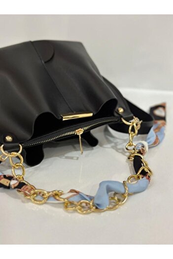 Chocolate Women's Scarf Soft Leather Bag with Chain Accessories Black.