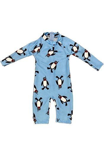 Lolliboomkids Çocuk Mayo Tam Vücut Güneş Koruma Hassas Ten Penguen Desen Mayo Şapka