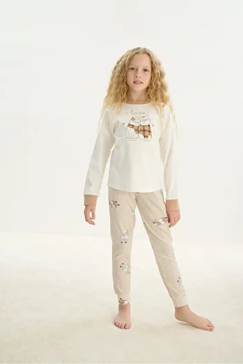 Sevim Ecru Girl's Long Sleeve Pajama Set - C2T4N7O8