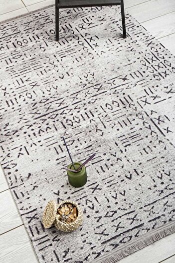 Oriente Home Iskandinav Desenli Yolluk Gri Yıkanabilir Şönil Halı Saçaklı Kaymaz Taban Koridor Halısı 7760