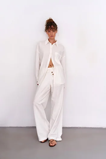 Quzu Linen Palazzo Trousers - Elastic Waist Tie, Natural