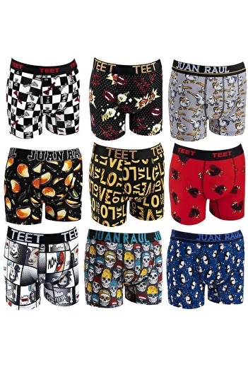 TEET Men's Boxers Premium Set of 9 Cotton Lycra Patterned Gift