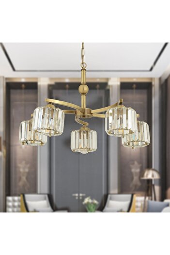 Apliqa Amir 5 Kollu Eskitme Kristalli Taşlı Modern Tasarım Kristal Salon Avize