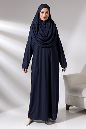İhvan Navy Blue One Piece Prayer Dress with Bag