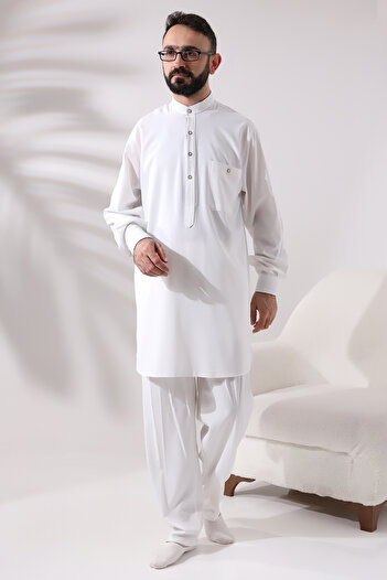 ihvan online Men's Viscose Afghan Suit - Berat Hajj and Umrah Clothing, Ecru
